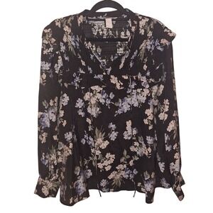 H&M Women's Size‎ Large Floral Blouse Ruffle Coquette Smocked Chest Whimsygoth